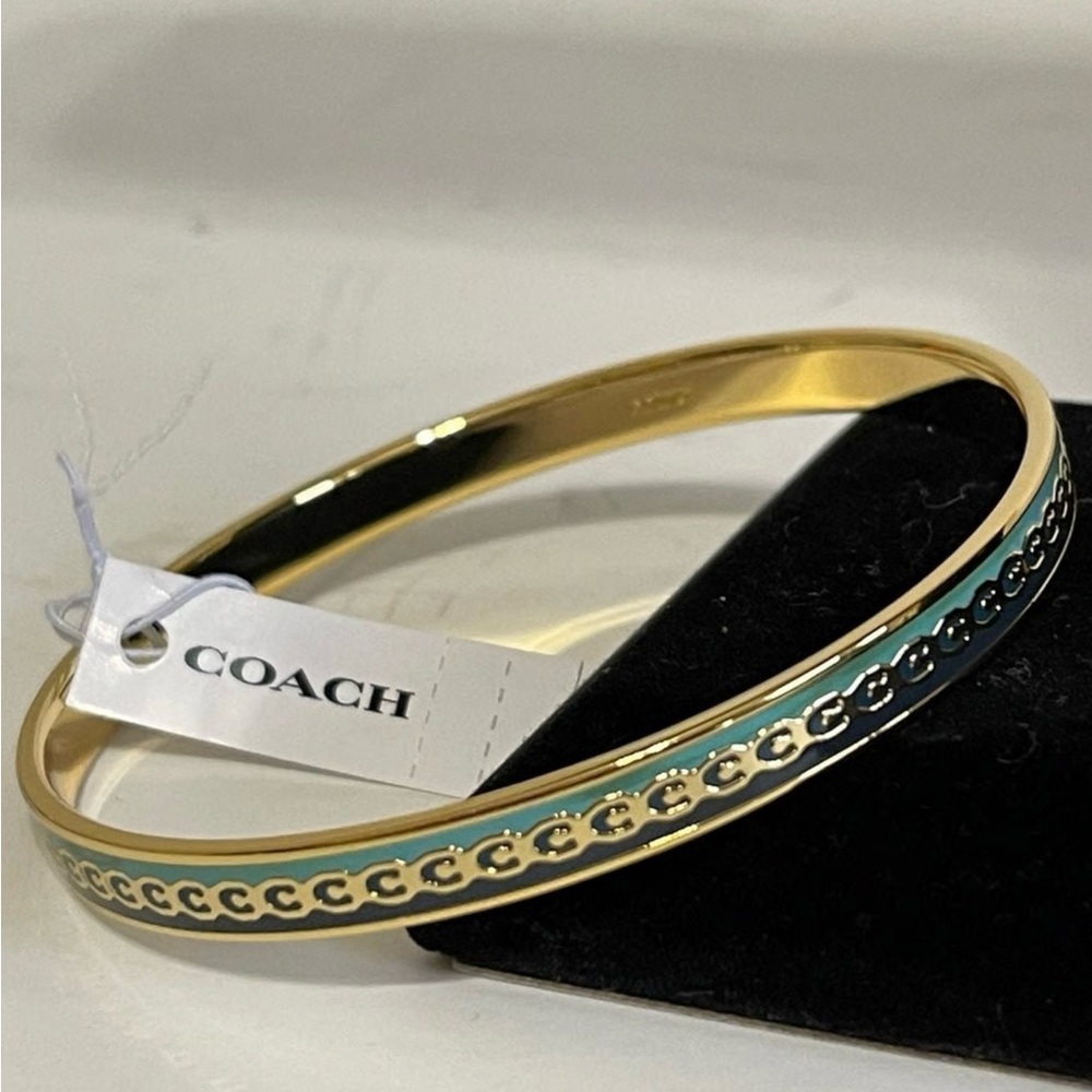 Coach Signature C bangle bracelet in gold with black and soft green/blue accents - Picture 2 of 6